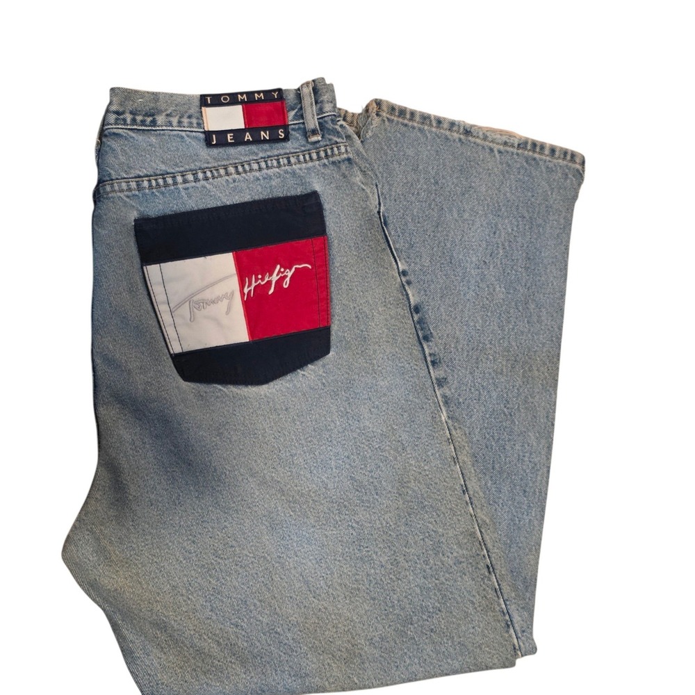 Rare Tommy Hilfiger Big Patch Logo Jeans 90s Vintage Distressed Relaxed Fit 38"